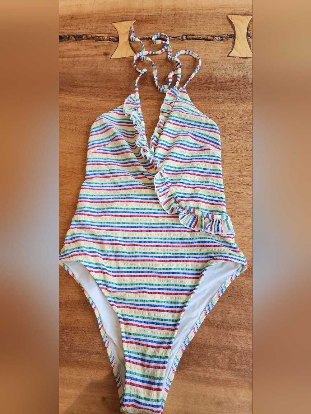 SOLID & STRIPED Nadine Seersucker Striped Ruffle Halter One-Piece Size S - Picture 5 of 12